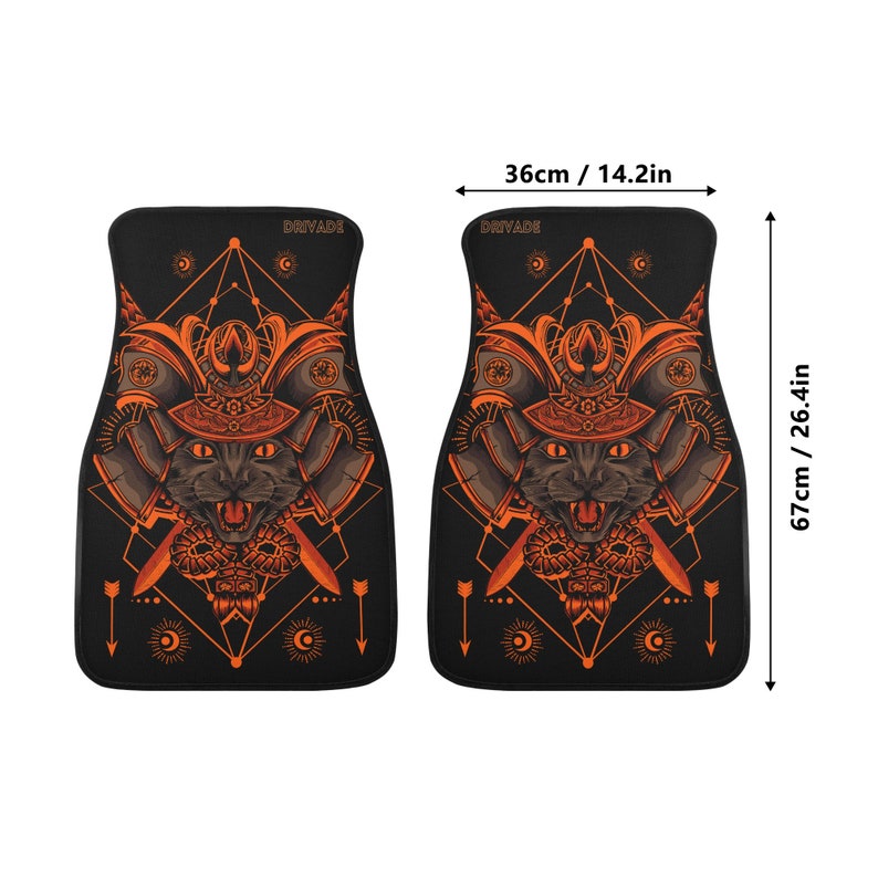 Kitten Samurai Car Floor Mats Set Custom JDM Car Mats for Cat lover Japanese Inspired Orange Yellow Black JDM Design Japanese Warrior Pets image 6