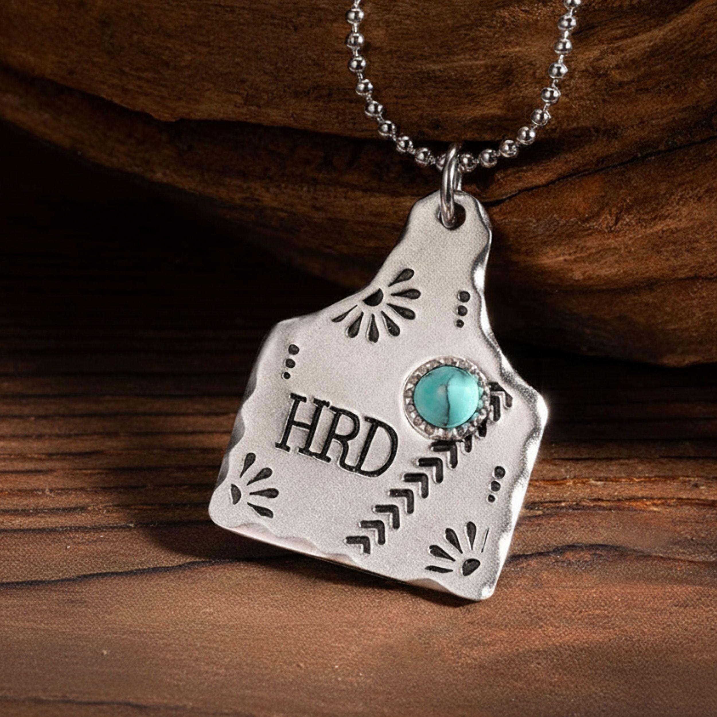 パーソナライズされた牛タグネームネックレス ボヘミアン ターコイズ