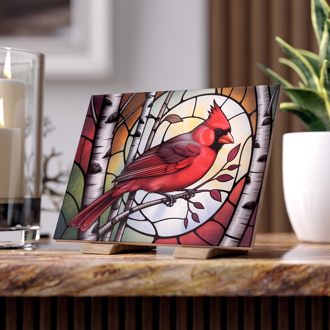 Cardinal Bird Ceramic Tile Stained Glass Print Loss Keepsake Display ...