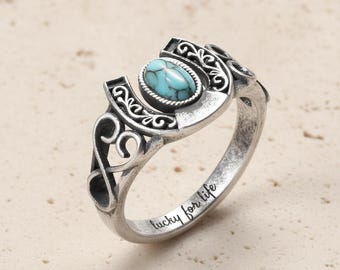 Custom Engraved Turquoise Horseshoe Ring Personalized Cowgirl Dainty Lucky Western Jewelry Gift Her Mom Sterling Silver Horse Anniversary