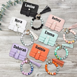 Personalized Keychain Wallet Wristlet Cute Leather ID Card Holder Beaded Bangle Bracelet Key Ring Custom Name Monogram Gift Mini Her Women