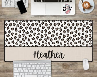 Custom Name Gaming Desk Mat Aesthetic Boho Leopard Personalized Large Mouse Pad Gift Pastel Cute Kawaii Monogram Earthy Home Office Decor
