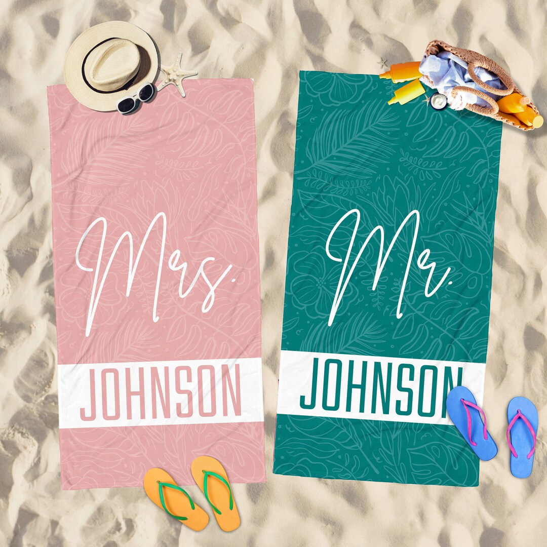 Personalized Mr & Mrs Beach Towel - Custom Couple Honeymoon Wedding Gift Towel