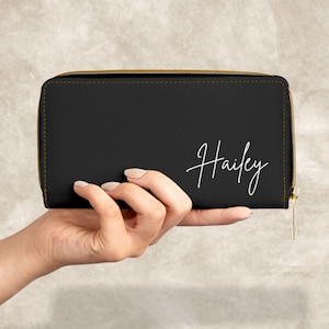 Cartera con nombre personalizada para mujer, con iniciales minimalistas personalizadas, espaciosa, grande, de cuero, con cremallera, bonita cartera larga y delgada, regalo para su mamá y su amiga