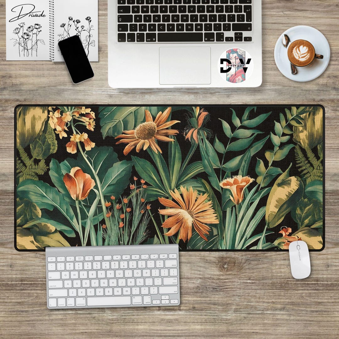 Floral Computer Mat Floral Desk Mat Large Gaming Wildflower Mouse Pad Custom Green ...