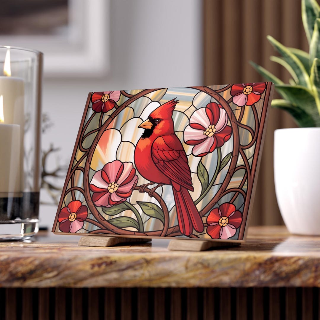 Cardinal Bird Ceramic Tile Stained Glass Print Loss Keepsake Display ...