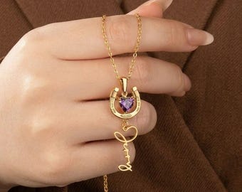 Personalized Name Horseshoe Birthstone Necklace Custom Cowgirl Dainty Lucky Gemstone Western Pendant Jewelry Gift Her Mom Silver Rose Gold