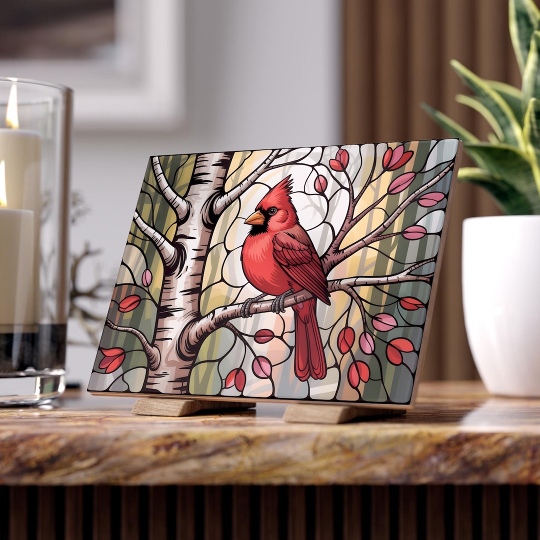 Cardinal Bird Ceramic Tile Stained Glass Print Loss Keepsake Display ...