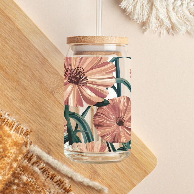 Floral Glass Tumbler 16oz Cottagecore Flowers Art Boho Iced Coffee Tea ...