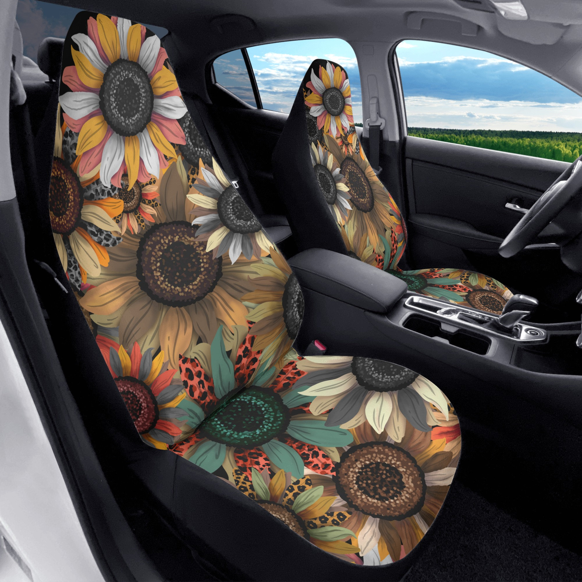 Sunflowers Car Seat Covers Set Boho Floral Design Car Seat