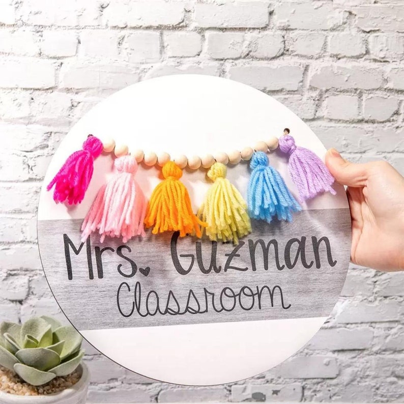 Personalized Classroom Door Sign Boho Tassel Custom Name Teacher ...