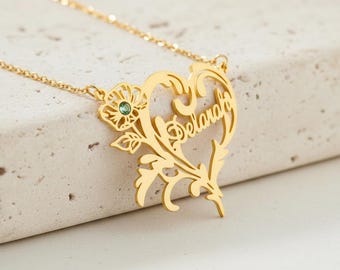 Custom Name Heart Birthstone Birth Flower Necklace Personalized Dainty Gemstone Pendant Jewelry Birthday Gift Her Mom Silver Rose Gold 18K