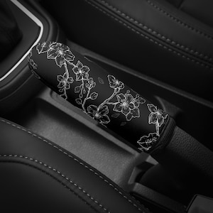 Cherry Blossom Sakura Car Handbrake Cover Custom JDM Japanese Inspired Floral Design Graphic Black White Minimalist Cute Anime Kawai Charm