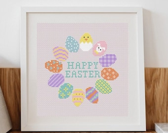 Colorful Happy Easter Eggs Cross Stitch Pattern / Happy Easter Embroidery / Easter DIY Gift / Easter x-stitch chart / Easter Eggs DIY