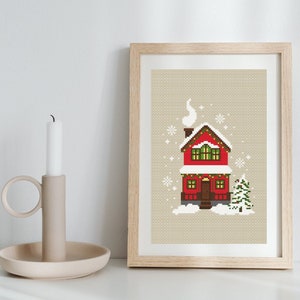 Cute Little Christmas House Cross Stitch Pattern / Xmas Cottage Embroidery Chart, Snowflakes Xstitch, Christmas Tree Needlepoint