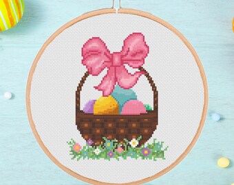 Easter Basket Cross Stitch Pattern / Happy Easter Embroidery Chart / Easter Egg Needlepoint / Easter DIY Gift