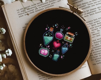 Botellas de poción contadas patrón de punto de cruz / gráfico de bordado de vial mágico, punto de aguja de boticario, regalo de bruja, patrón PDF de Halloween Xstitch