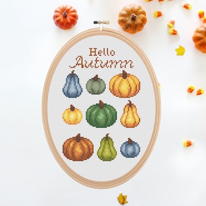 Hallo herfst geteld kruissteekpatroon ∣ Pompoenen borduurschema, feestelijke herfstnaaldpunt, squashkruissteek, seizoensborduurwerk