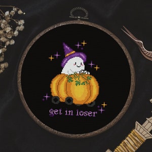 Ghost in Pumpkin Car Cross Stitch Pattern ∣ Get in Loser Xstitch Chart, Halloween Embroidery Pattern, Cute Ghost Needlepoint, Quote Xstitch