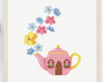Summer Teapot House Counted Cross Stitch Pattern / Tea Time Embroidery, Kettle Xstitch, Floral Needlepoint, Coffeepot Cross Stitch, DIY Gift