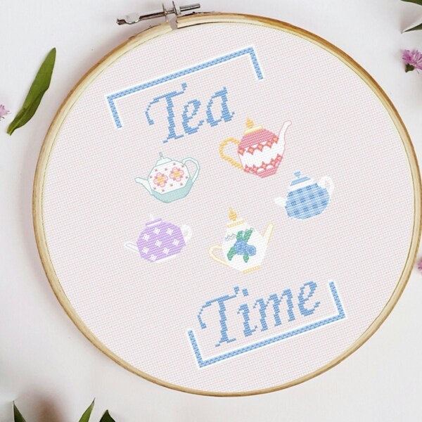 Tea Time Cross Stitch Pattern / Teapot Embroidery Pattern / Tea DIY Gift