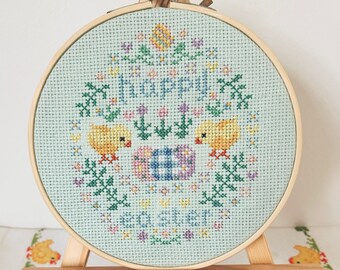 Happy Easter Garden Counted Cross Stitch Pattern ∣ Easter Egg Ornament, Spring Flowers Cross Stitch, Easter Home Decor, Chicks Xstitch