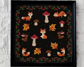 Forest Sampler Cross Stitch Pattern / Foxes Cross Stitch, Autumn Fall Embroidery Chart,Bunny Needlepoint,Mushroom Xstitch, Fungus Embroidery