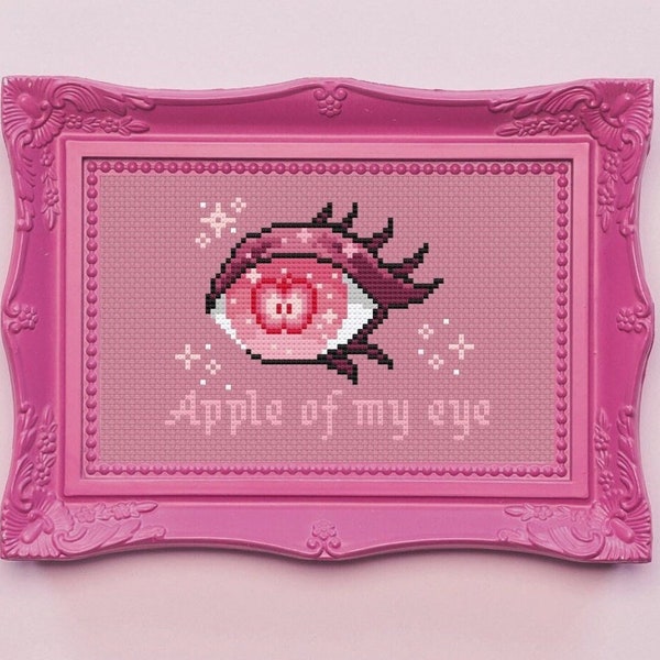Apple of my Eye Cross Stitch Pattern ∣ Kawaii Eye Cross Stitch, Pink Pastel Weird Cross Stitch, Modern Cross Stitch, Spring Fruit Embroidery