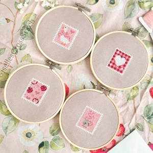 Patrón de punto de cruz del juego de sellos postales de San Valentín, sellos de San Valentín en punto de cruz, patrón de paquete de fresas postales, bordado de primavera