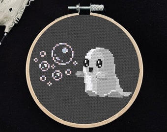 Ghost Chasing Bubbles Cross Stitch Pattern ∣ spooky, witchy cross stitch, PDF instant download, halloween, witch, autumn, haunted, spoopy