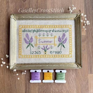 Lavender Alphabet Sampler cross stitch pattern, Summer cross stitch, Vintage floral sampler PDF, Summer garden stitch, Antique sampler