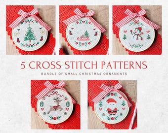 Christmas cross stitch patterns, set of christmas patterns, small santa claus, raindeer Christmas ornaments, bundle of cross stitch patterns