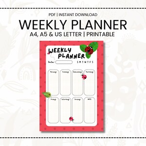 May include: Printable weekly planner with a red polka dot background and a ladybug design. The planner has space for each day of the week, Monday through Sunday. The planner is available in A4, A5, and US Letter sizes.