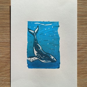 Whale - Linoprint in reduction technique A6 to A5, different variations