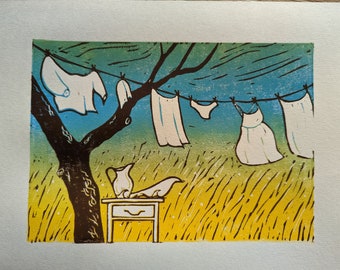 Laundry in the garden - reduction print A5 to A4