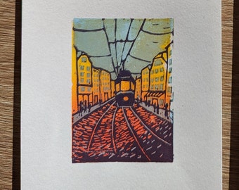 Way home - linoprint in reduction technique A6 on A5