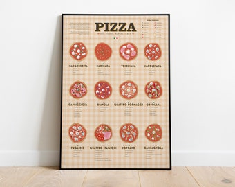 Originele pizzaposter, pizzamenu, pizzamenuposter, pizzaillustratie, pizzaprint, origineel pizzakunstwerk