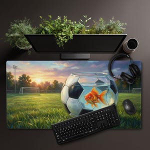 May include: A computer desk mat featuring a soccer field scene at sunset, with a goldfish in a soccer ball-shaped bowl. A black keyboard, mouse, and headphones are also present. A computer monitor and plants are above.