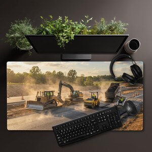 Könnte beinhalten: Eine rechteckige Schreibtischunterlage mit einem hochauflösenden Druck einer Baustelle mit gelben Baumaschinen, darunter ein Bulldozer, ein Bagger und eine Straßenwalze, die auf einer staubigen Straße unter einem hellen Himmel arbeiten.