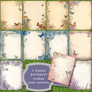 Pagine di diario spazzatura con bordo a farfalla, carta per scrapbooking vuota, pacchetto stampabile, kit bundle digitale, folio, blu, rosa, monarca, lavanda, fiore