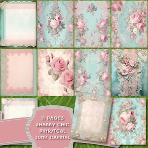 Páginas de diario basura Shabby Chic, rosas, papel de álbum de recortes en blanco, paquete imprimible, kit de paquete digital, folio rosa, verde azulado, romance victoriano, encaje envejecido