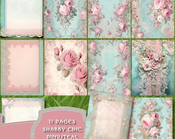 Peut inclure: Onze pages de journal imprimables avec un design shabby chic avec des roses roses et turquoise. Le texte "11 Pages Shabby Chic Pink/Teal Junk Journal" est imprimé en bas de l'image.