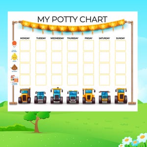 Puede incluir: Un colorido cuadro de entrenamiento para ir al baño con temática de tractores. El cuadro tiene los días de la semana etiquetados en la parte superior y espacios para pegatinas o marcas de verificación para realizar un seguimiento del progreso. El cuadro presenta una combinación de colores amarillo, azul y rojo.