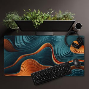 Geografische, abstrakte Schreibtischunterlage mit topografischem Muster, orange-türkis, multifunktional, grün-blau, Studentenwohnung, türkis, extra groß