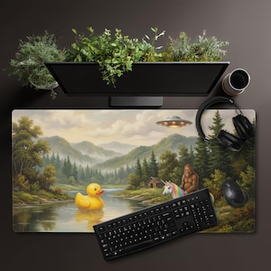 May include: A whimsical desk mat featuring a landscape painting with a yellow rubber duck, a unicorn, and Bigfoot. A UFO hovers above the scene. A black keyboard, mouse, and headphones are also present.