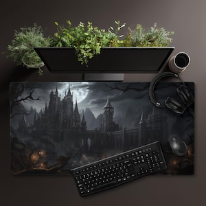 Whimsical Gothic Desk mat mousepad computer goth castle medieval dark bridge moon night wizard cathedral fantasy haunted witch