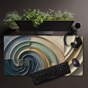 May include: A desk setup with a patterned mousepad featuring a spiral design in blue, green, and beige. A black keyboard, mouse, and headphones are present, along with a monitor and a planter with greenery. The desk is dark brown.