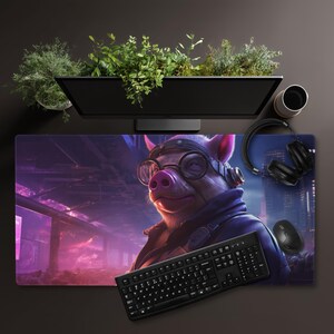 サイバーパンク ピッグ デスクマット、ゲーミングマウスパッド、パープルネオン コンピューターキーボードパッド