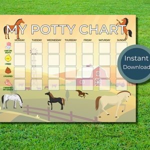Puede incluir: Un gráfico de entrenamiento para ir al baño imprimible con un tema de granja. El gráfico tiene un caballo, un granero y un molino de viento. Incluye espacios para cada día de la semana y casillas de verificación para "Me senté en el orinal", "Oriné", "Hice caca" y "Me lavé las manos".