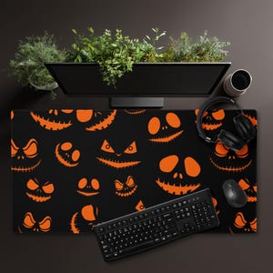 Halloween Desk Mat, Spooky Jack O' Lantern Faces, Extended Mousepad pumpkin orange